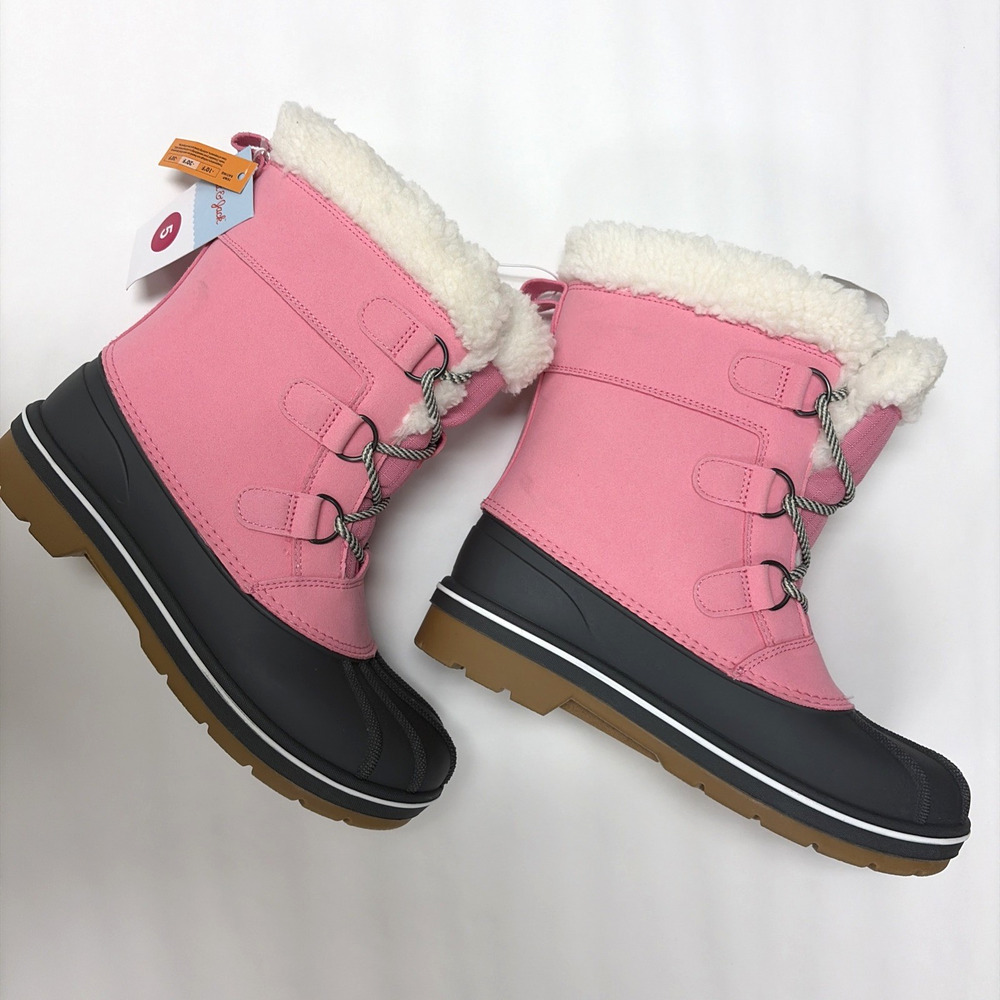 Pink Gray Winter Boots Waterproof Faux Fur Treaded Outsole Size 5 NEW